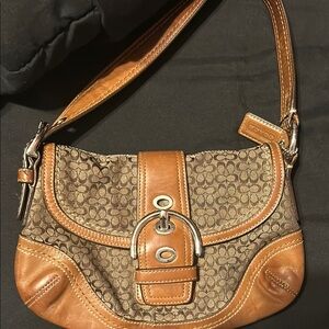 Coach Brown and Tan Monogram Shoulder Bag with Leather Trim